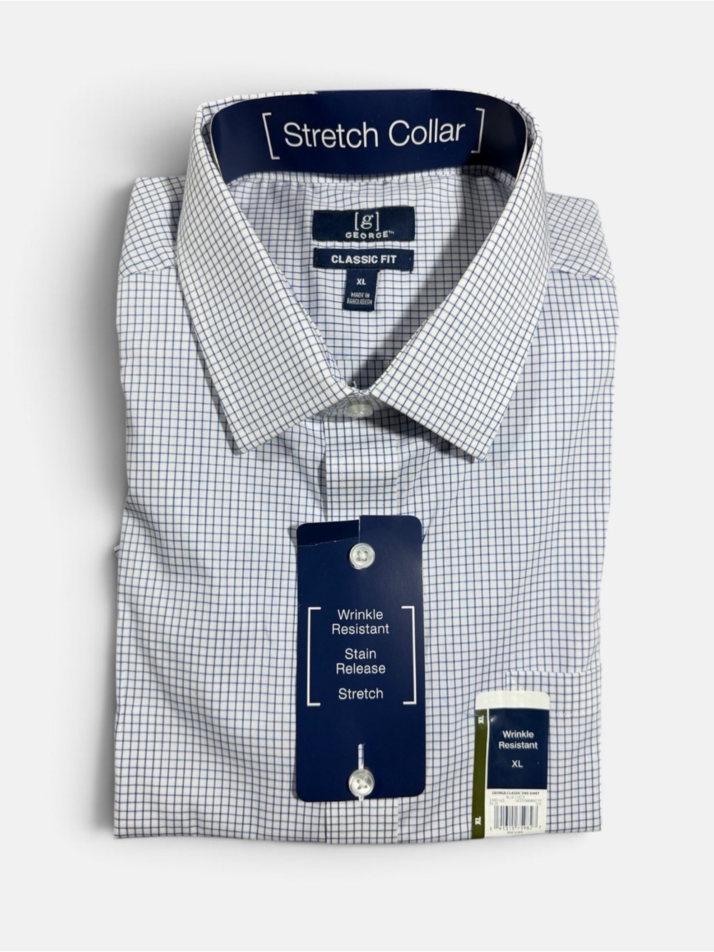 NWT George Classic Fit Blue Check Dress Shirt XL Stretch Wrinkle Resistant - Picture 2 of 4